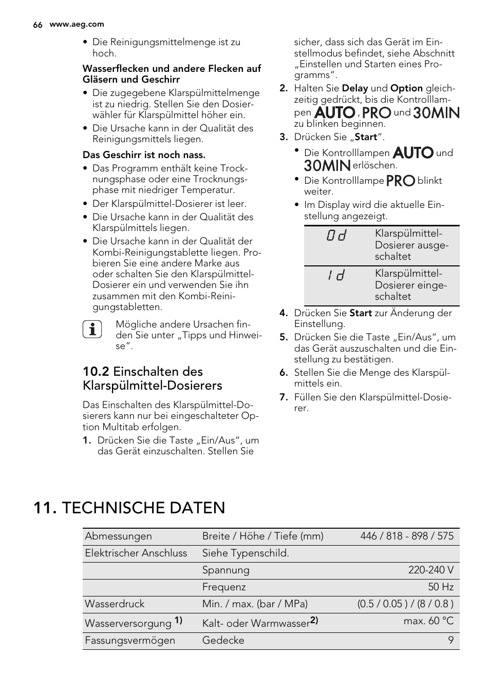 Technische daten, 2 einschalten des klarspülmittel-dosierers | AEG F65412IM0P User Manual | Page 66 / 68