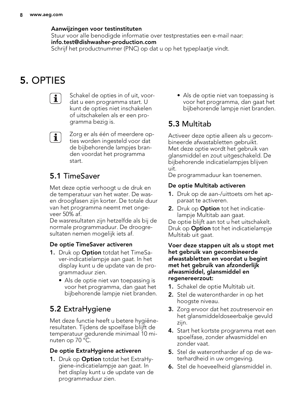 Opties, 1 timesaver, 2 extrahygiene | 3 multitab | AEG F65412IM0P User Manual | Page 8 / 68