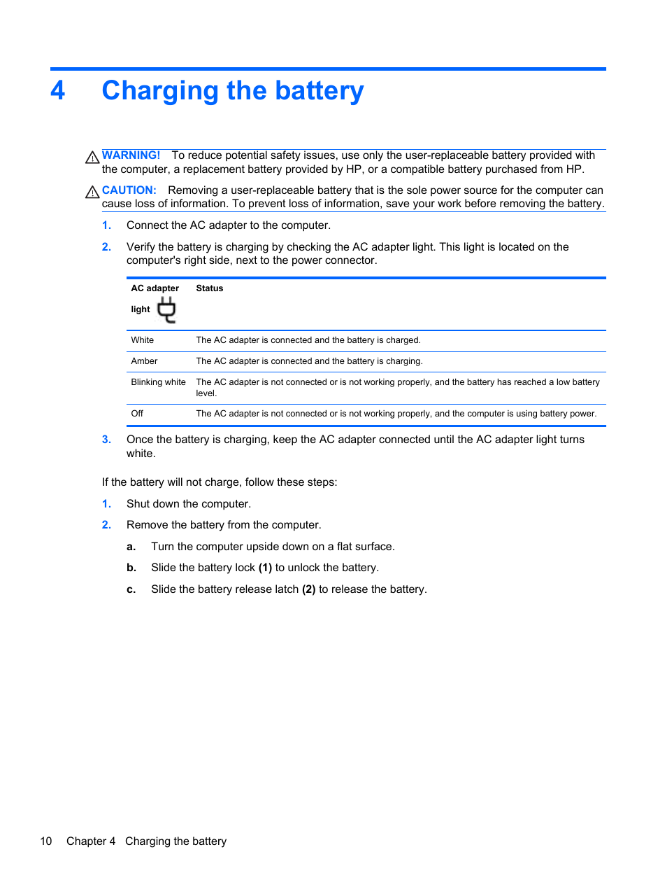 Charging the battery, 4 charging the battery, 4charging the battery | HP Pavilion 14-c000ed Chromebook User Manual | Page 16 / 21