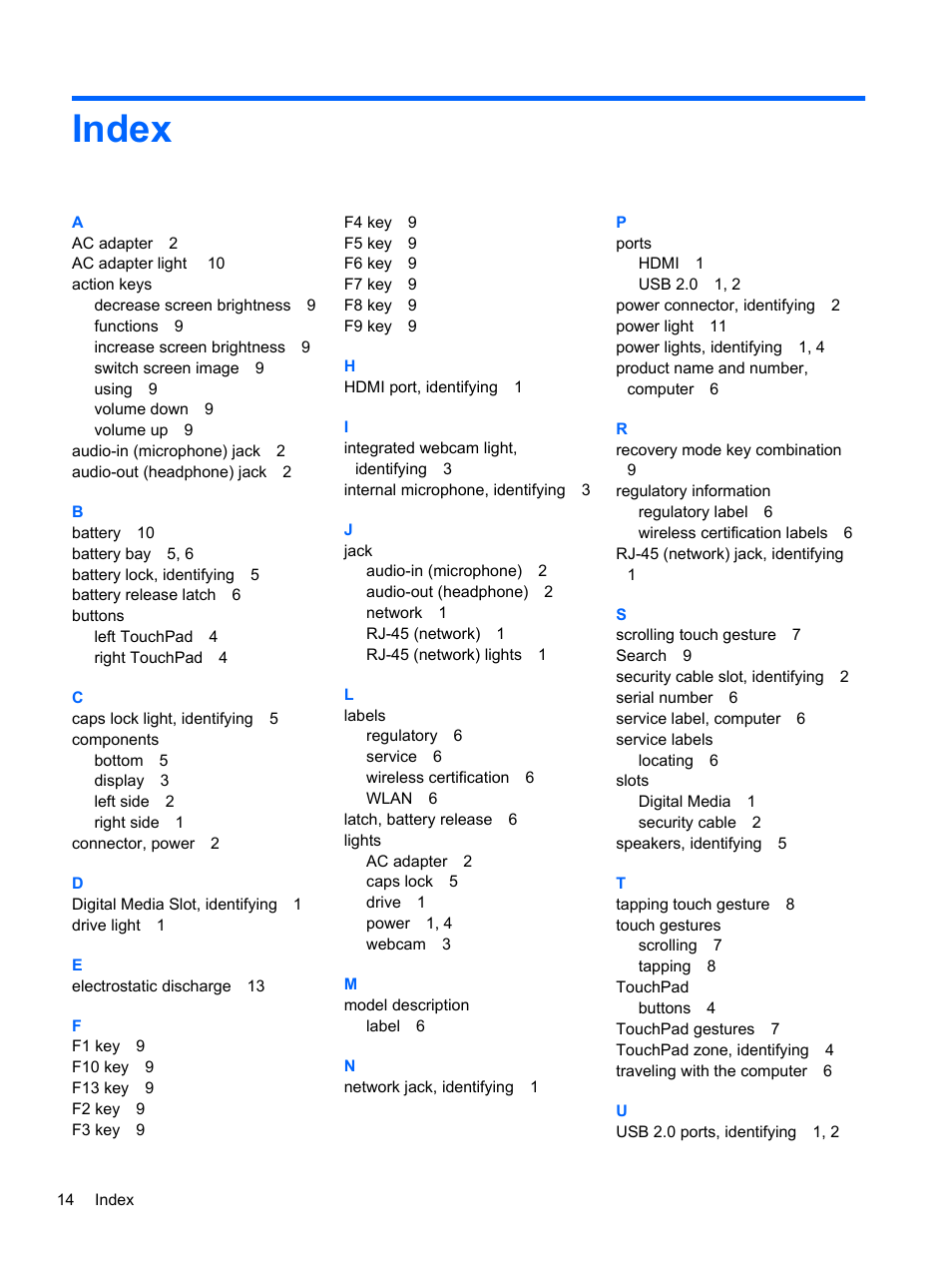 Index | HP Pavilion 14-c000ed Chromebook User Manual | Page 20 / 21