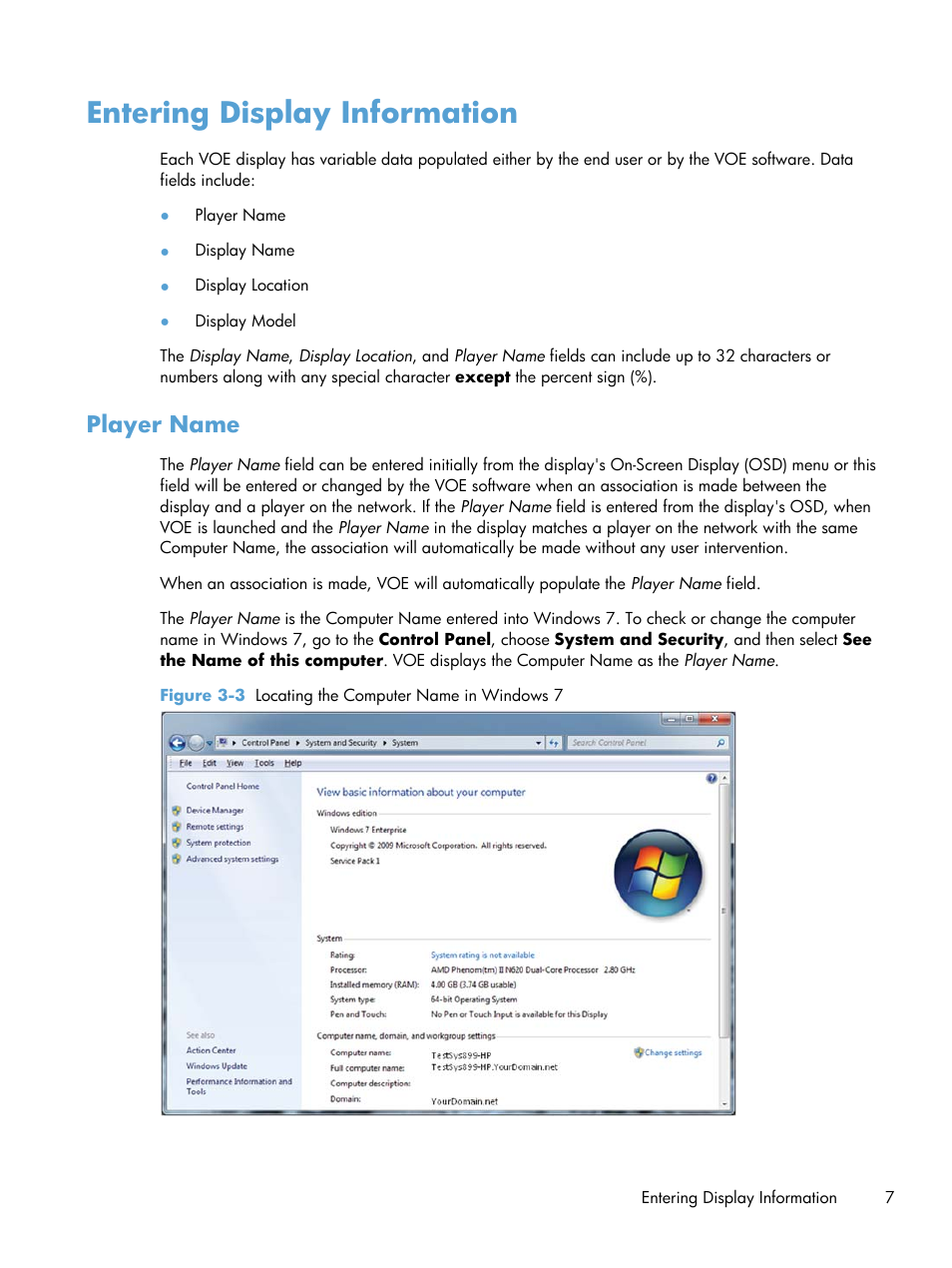 Entering display information, Player name | HP LD4730 47-inch Micro-Bezel Video Wall Display User Manual | Page 11 / 42