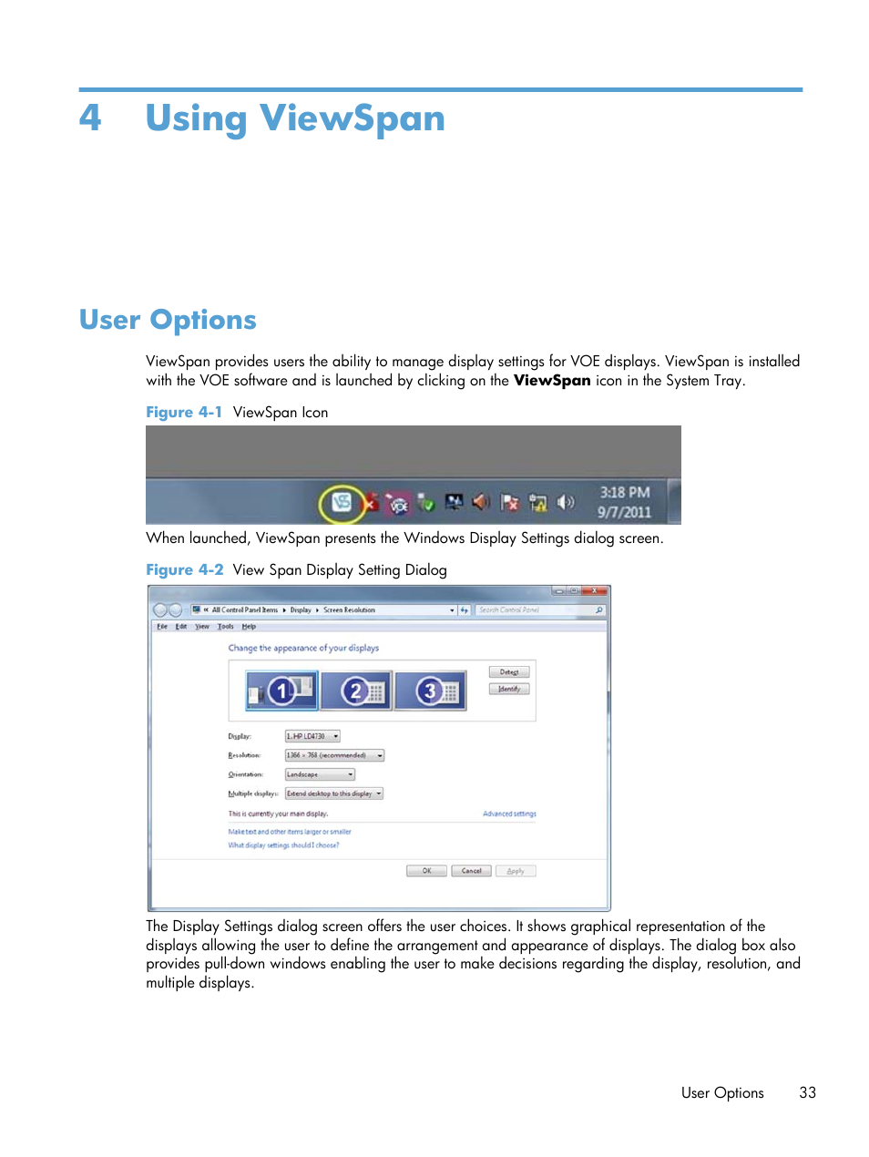 Using viewspan, User options, 4 using viewspan | HP LD4730 47-inch Micro-Bezel Video Wall Display User Manual | Page 37 / 42