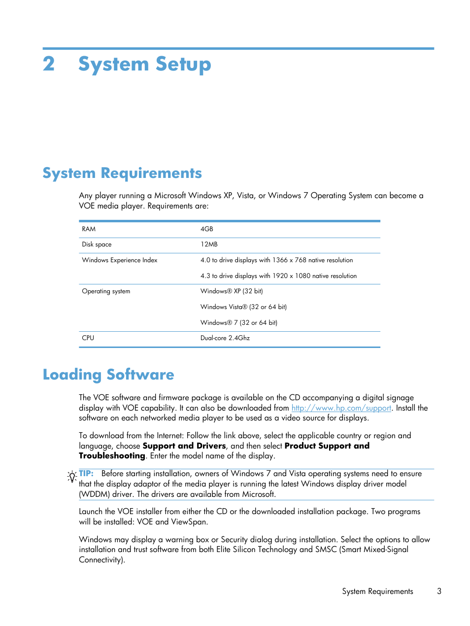System setup, System requirements, Loading software | 2 system setup, System requirements loading software | HP LD4730 47-inch Micro-Bezel Video Wall Display User Manual | Page 7 / 42