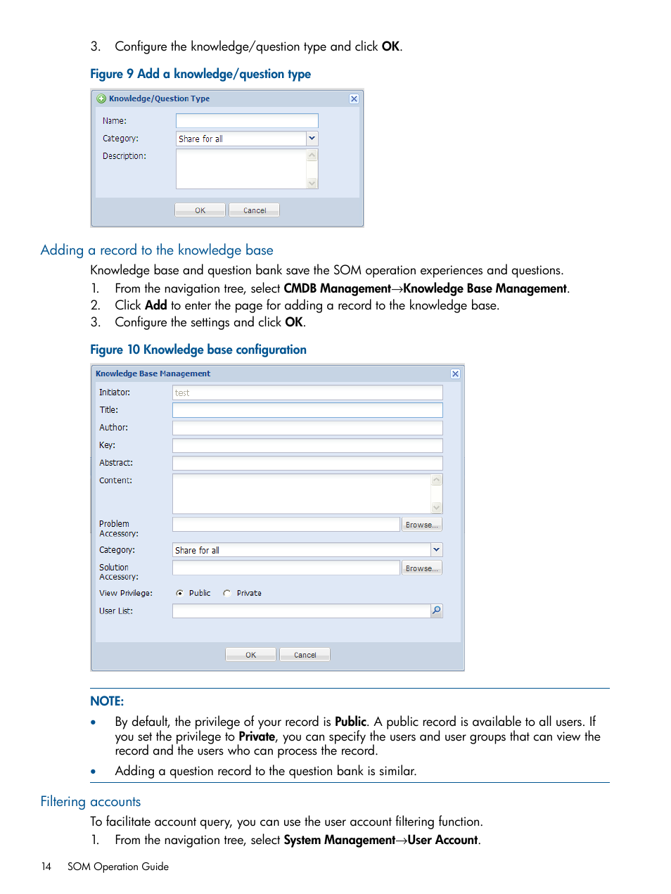 Adding a record to the knowledge base, Filtering accounts | HP Intelligent Management Center Licenses User Manual | Page 14 / 43