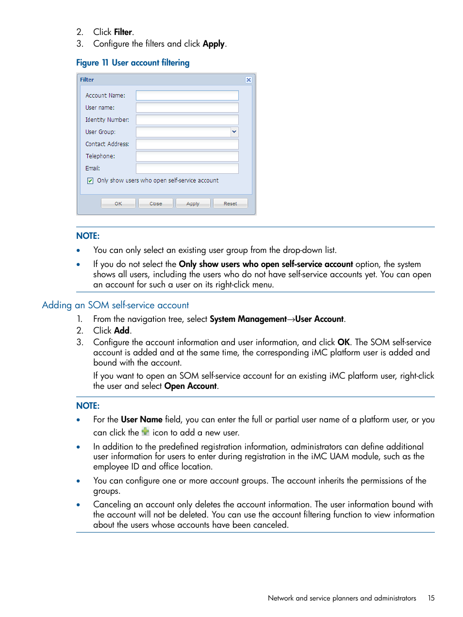 Adding an som self-service account | HP Intelligent Management Center Licenses User Manual | Page 15 / 43