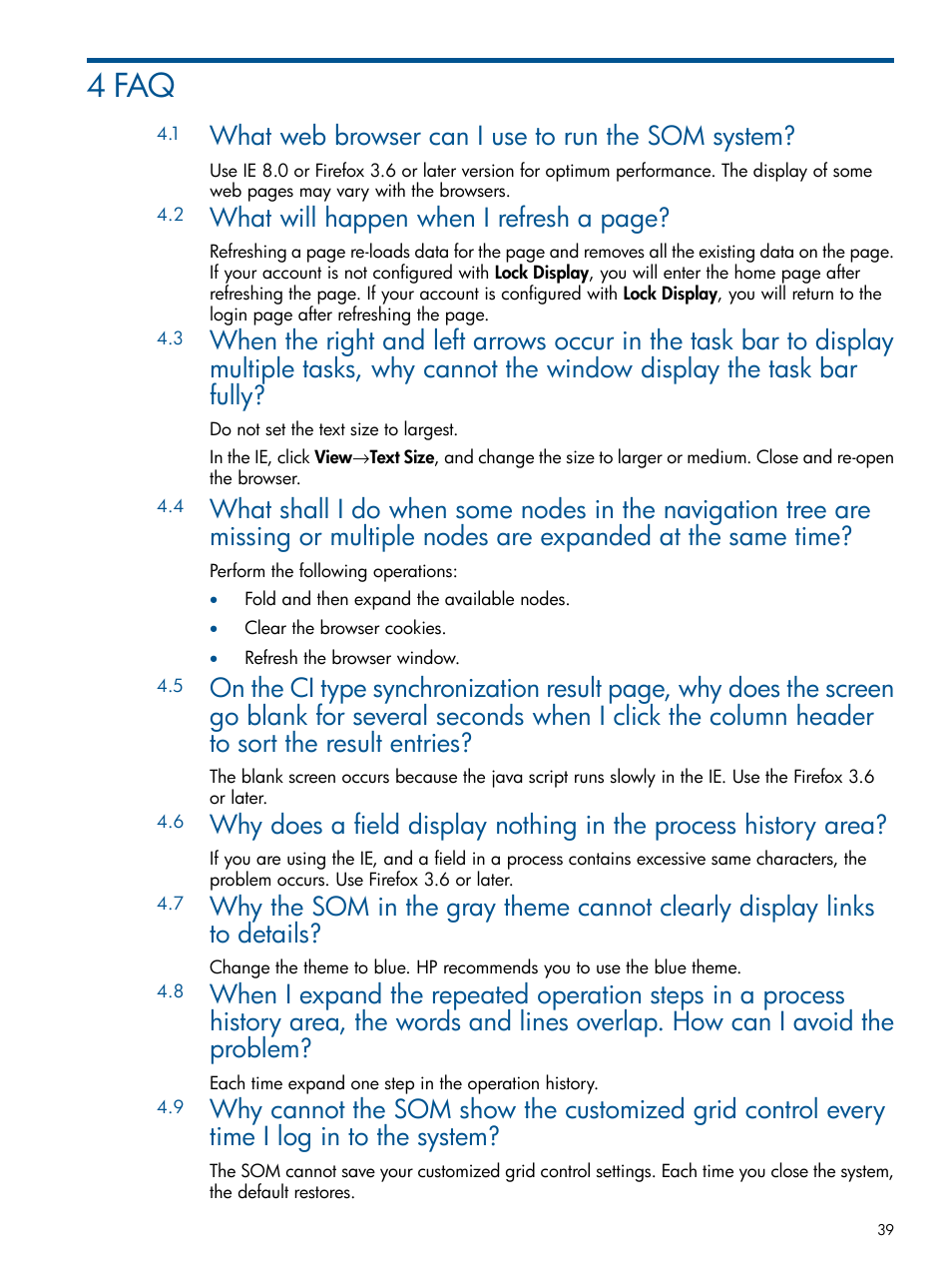 4 faq, What web browser can i use to run the som system, What will happen when i refresh a page | HP Intelligent Management Center Licenses User Manual | Page 39 / 43