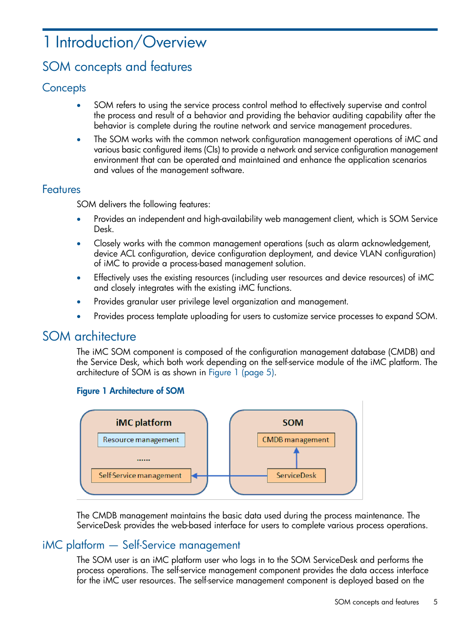 1 introduction/overview, Som concepts and features, Concepts | Features, Som architecture, Imc platform — self-service management, Concepts features | HP Intelligent Management Center Licenses User Manual | Page 5 / 43