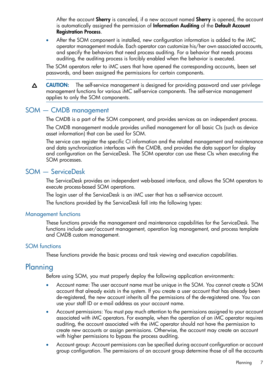 Som — cmdb management, Som — servicedesk, Management functions | Som functions, Planning, Som — cmdb management som — servicedesk, Management functions som functions | HP Intelligent Management Center Licenses User Manual | Page 7 / 43