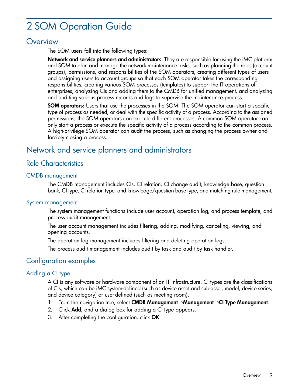 2 som operation guide, Overview, Network and service planners and administrators | Role characteristics, Cmdb management, System management, Configuration examples, Adding a ci type, Cmdb management system management | HP Intelligent Management Center Licenses User Manual | Page 9 / 43