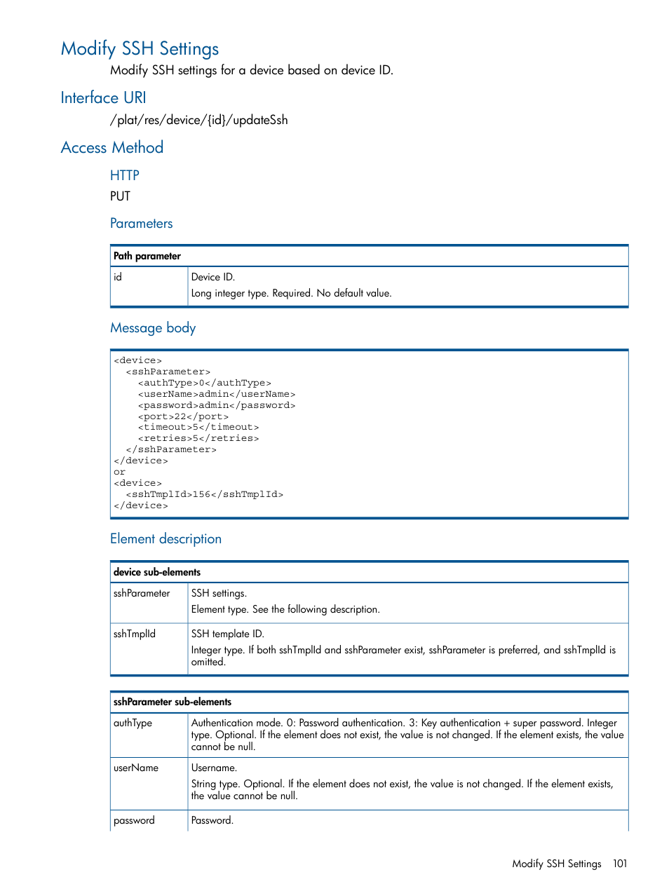 Modify ssh settings, Interface uri, Access method | Interface uri access method | HP Intelligent Management Center Licenses User Manual | Page 101 / 438