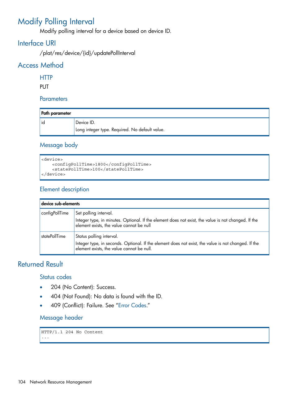 Modify polling interval, Interface uri, Access method | Returned result, Interface uri access method returned result | HP Intelligent Management Center Licenses User Manual | Page 104 / 438