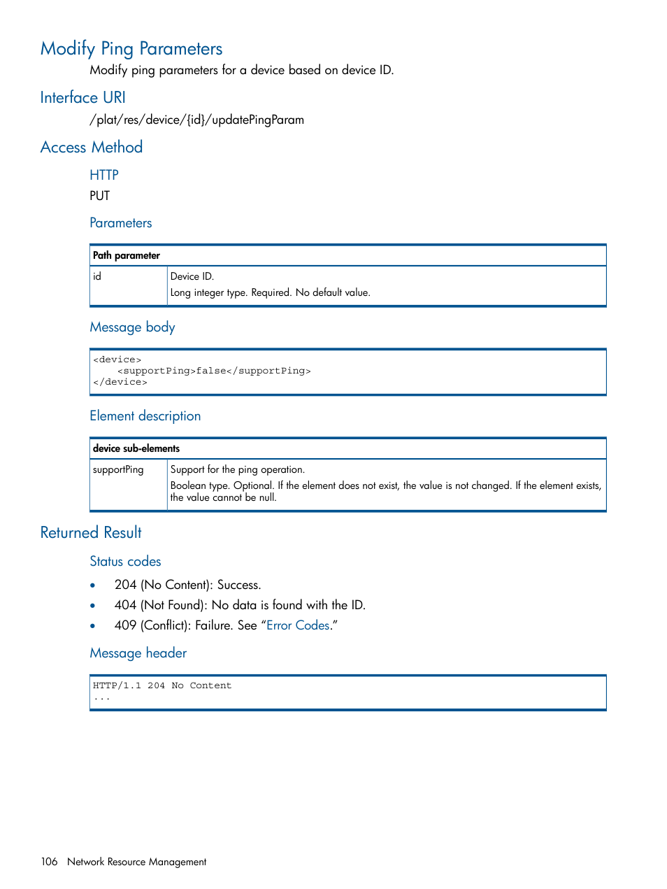 Modify ping parameters, Interface uri, Access method | Returned result, Interface uri access method returned result | HP Intelligent Management Center Licenses User Manual | Page 106 / 438