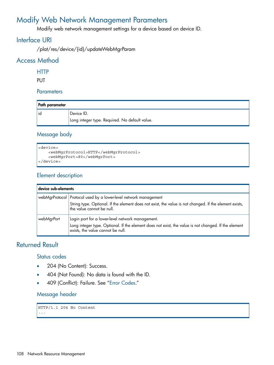 Modify web network management parameters, Interface uri, Access method | Returned result, Interface uri access method returned result | HP Intelligent Management Center Licenses User Manual | Page 108 / 438