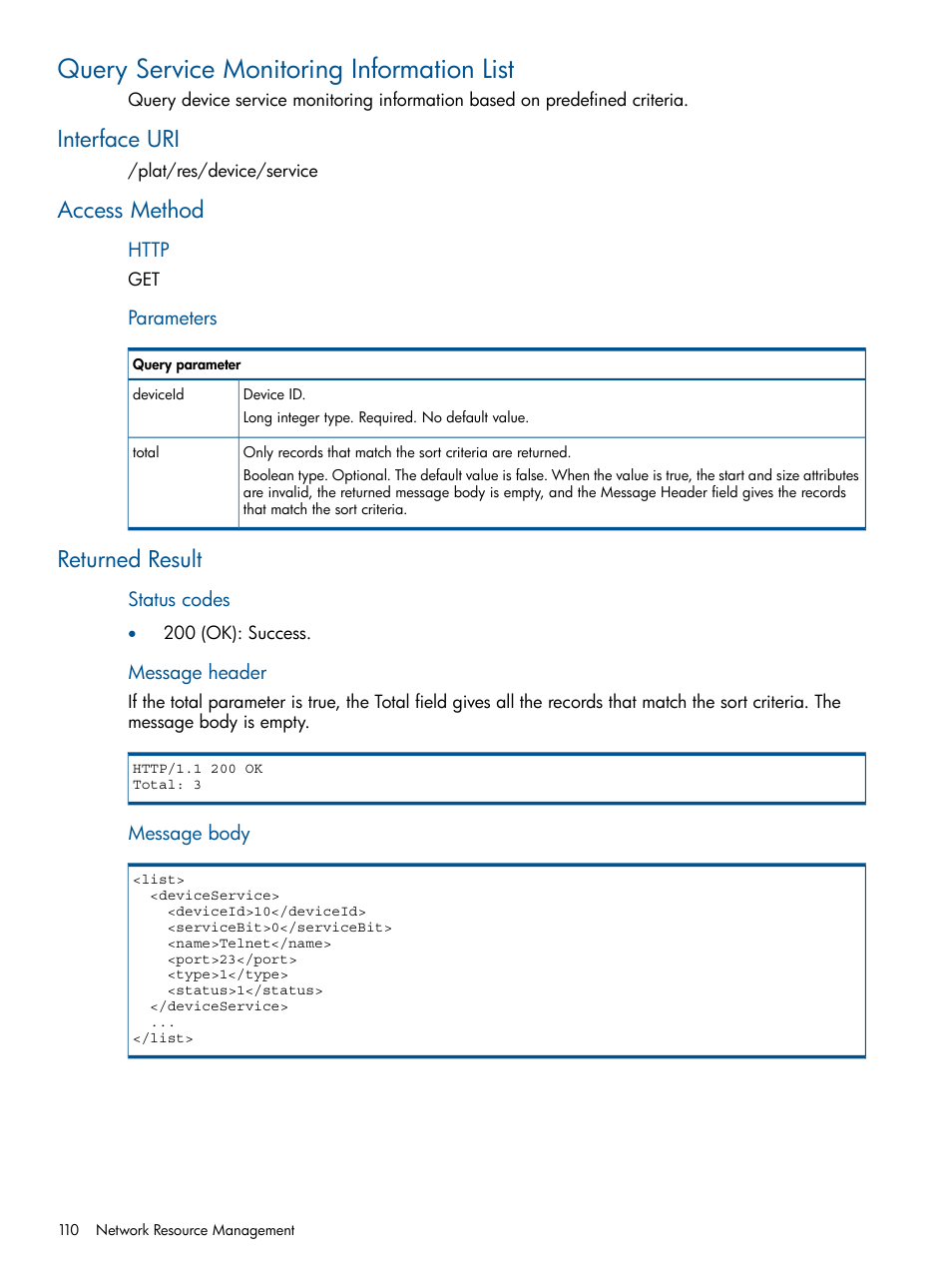 Query service monitoring information list, Interface uri, Access method | Returned result, Interface uri access method | HP Intelligent Management Center Licenses User Manual | Page 110 / 438