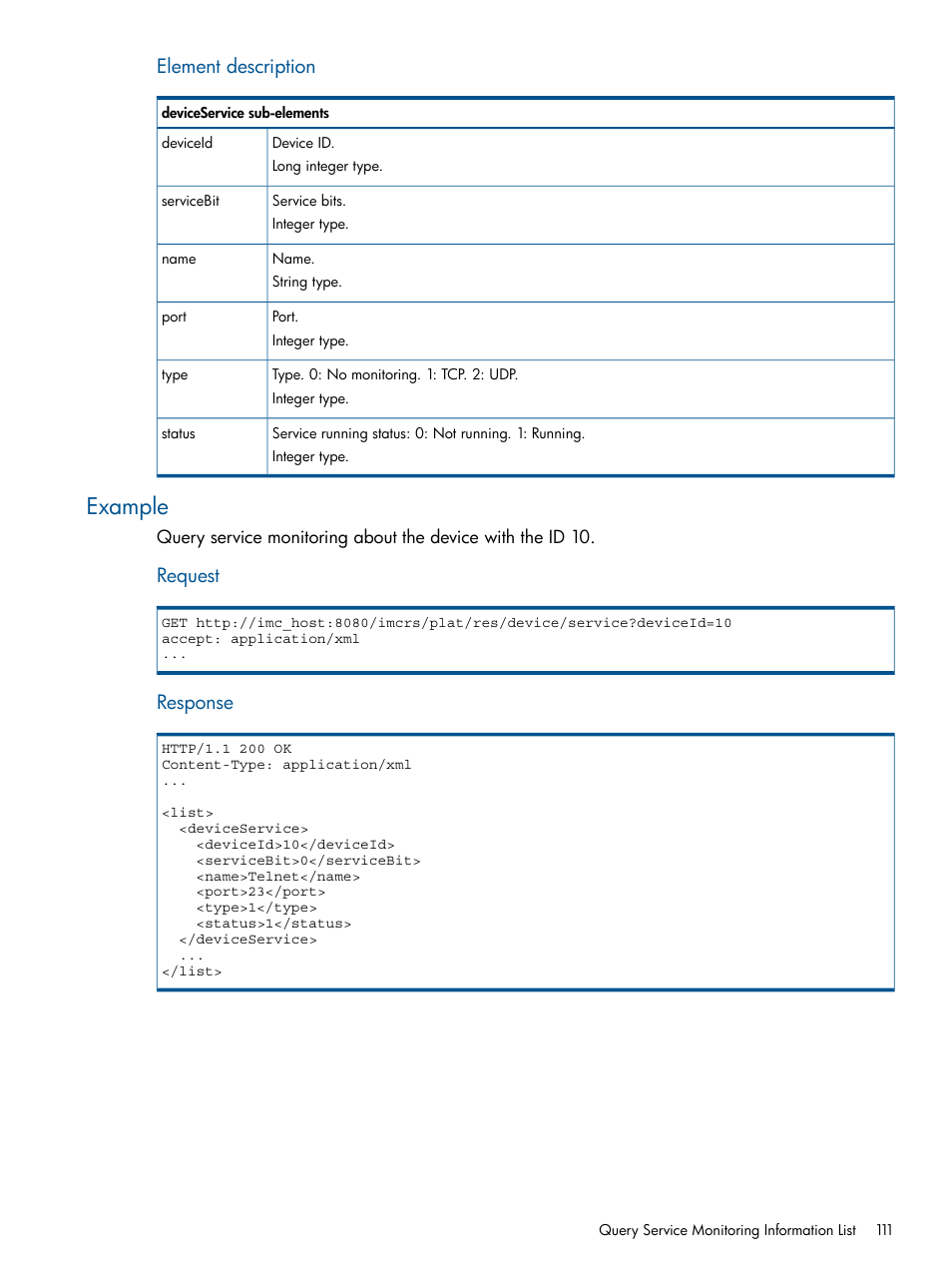 Example, Element description, Request | Response | HP Intelligent Management Center Licenses User Manual | Page 111 / 438