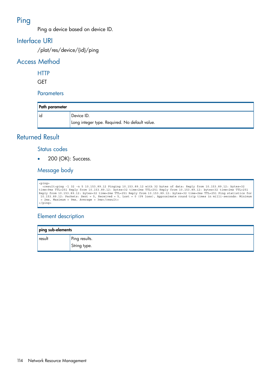 Ping, Interface uri, Access method | Returned result, Interface uri access method returned result | HP Intelligent Management Center Licenses User Manual | Page 114 / 438