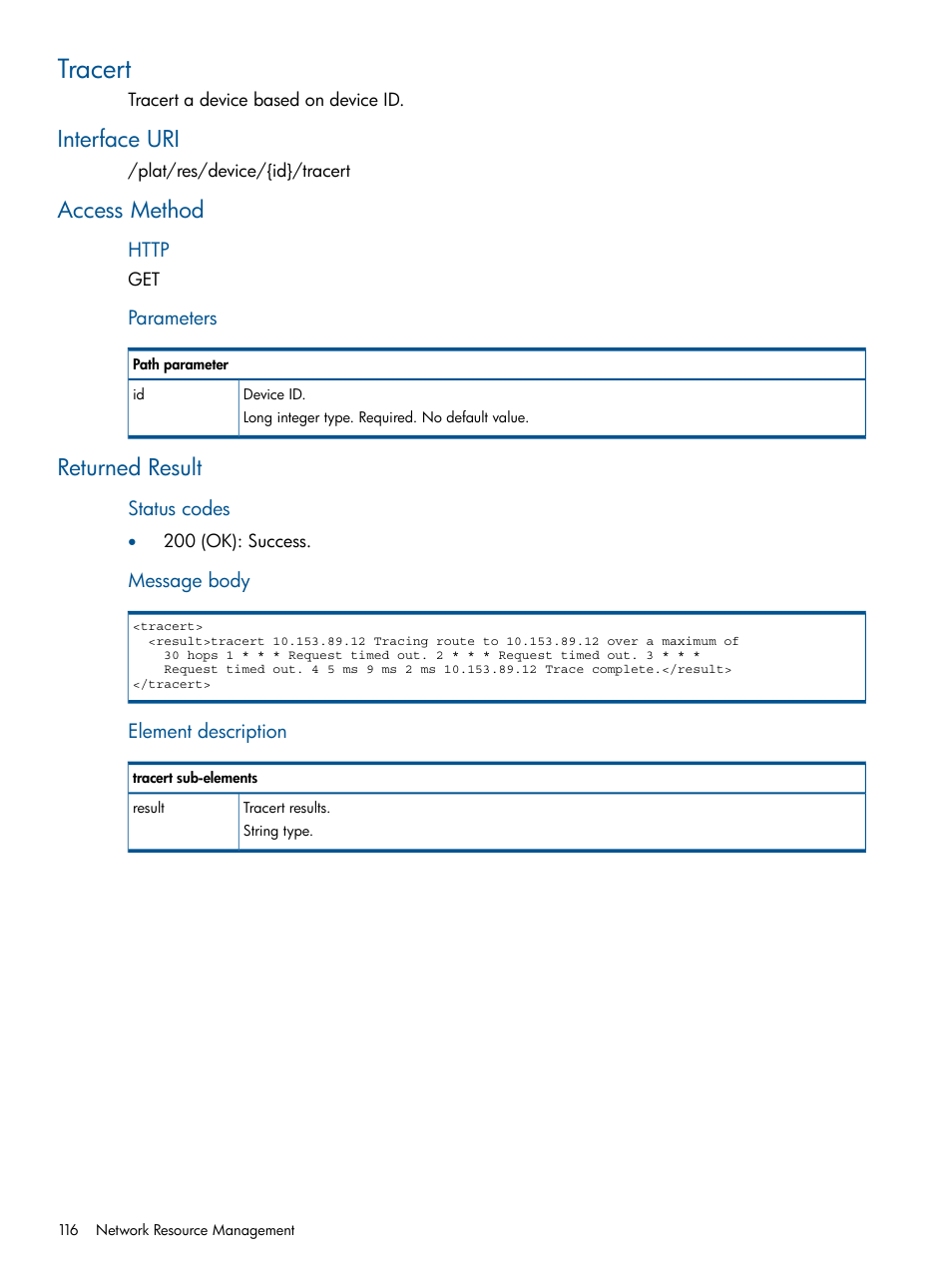 Tracert, Interface uri, Access method | Returned result, Interface uri access method returned result | HP Intelligent Management Center Licenses User Manual | Page 116 / 438