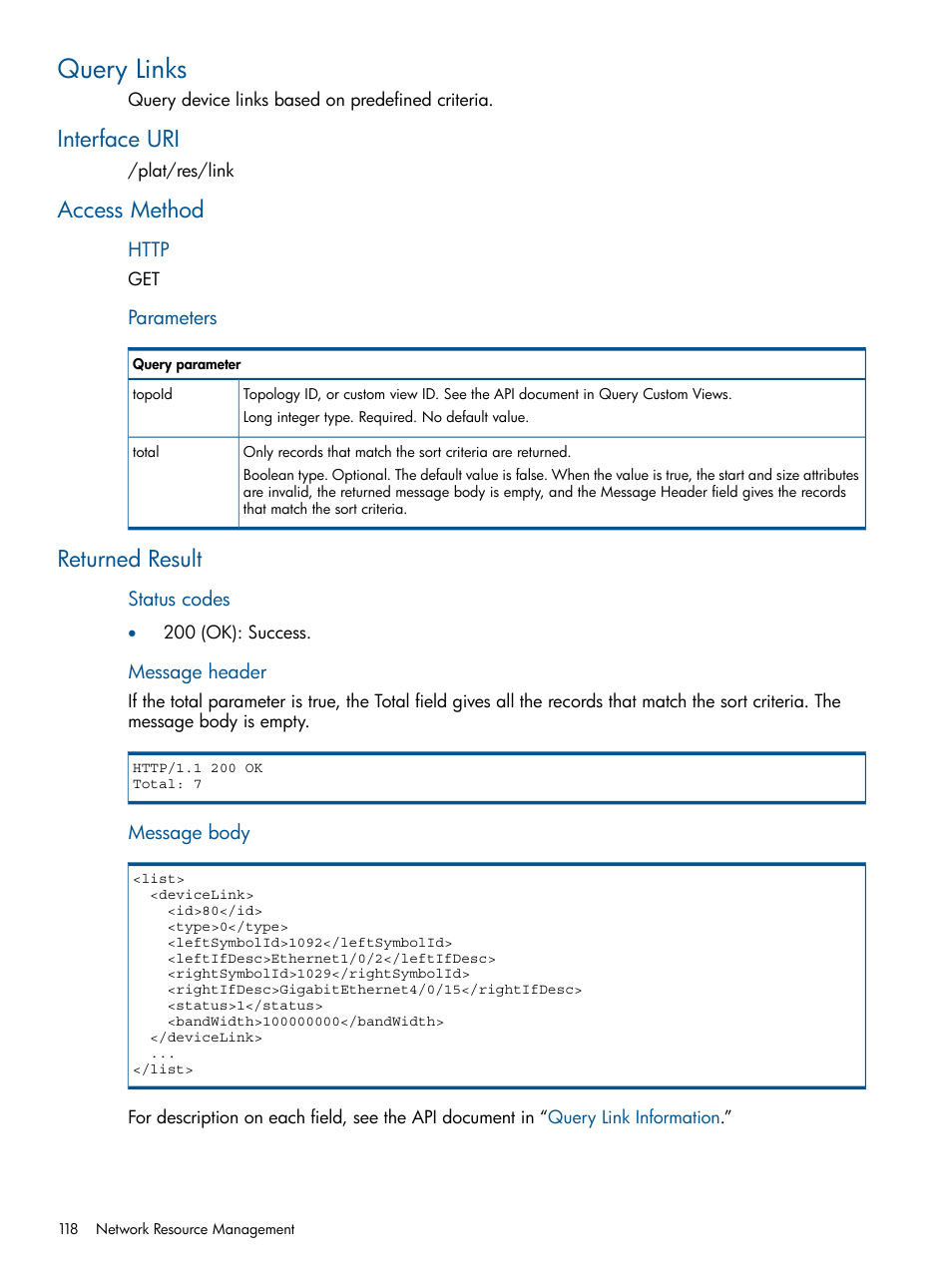 Query links, Interface uri, Access method | Returned result, Interface uri access method returned result | HP Intelligent Management Center Licenses User Manual | Page 118 / 438