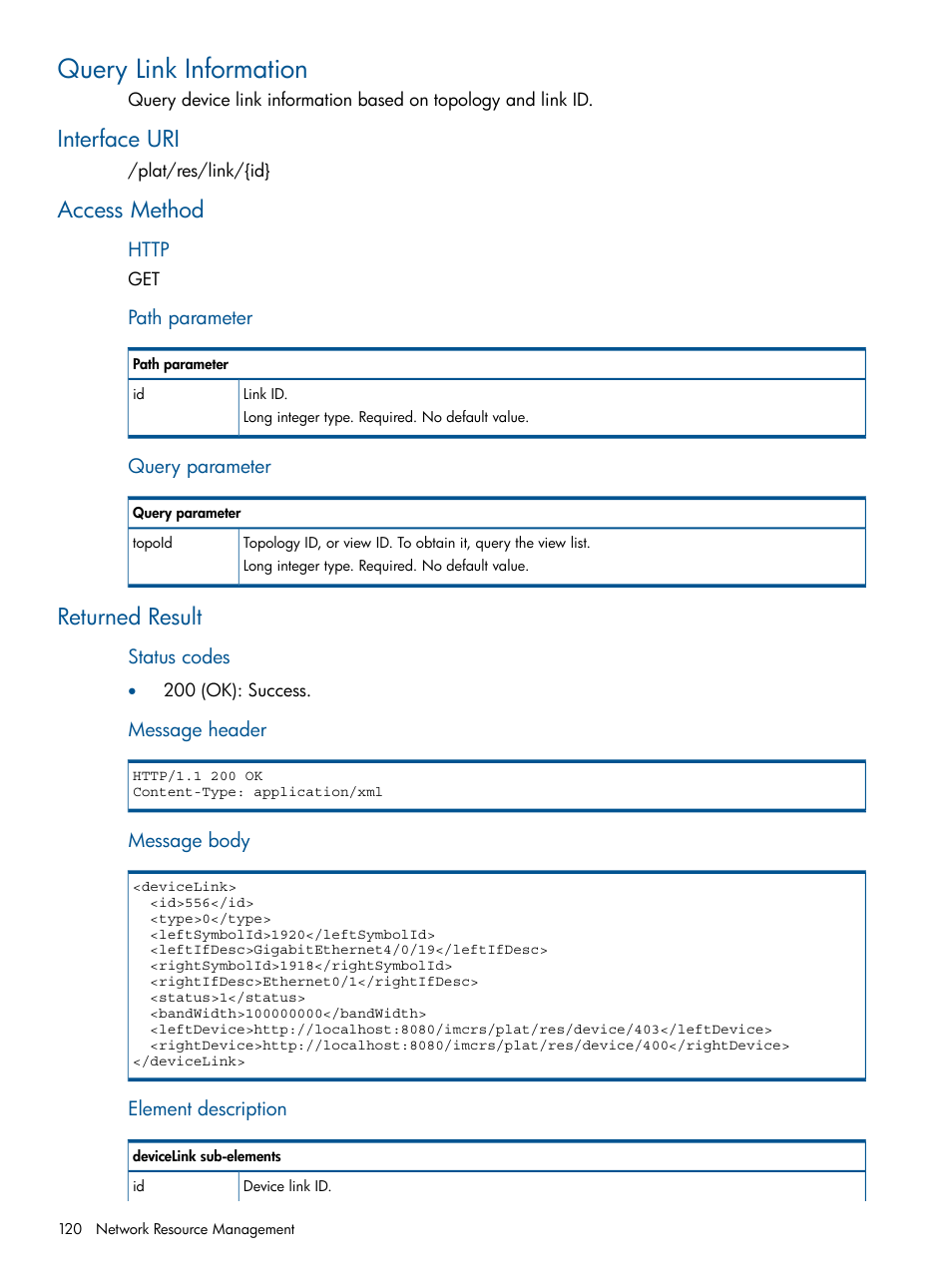 Query link information, Interface uri, Access method | Returned result, Interface uri access method returned result | HP Intelligent Management Center Licenses User Manual | Page 120 / 438