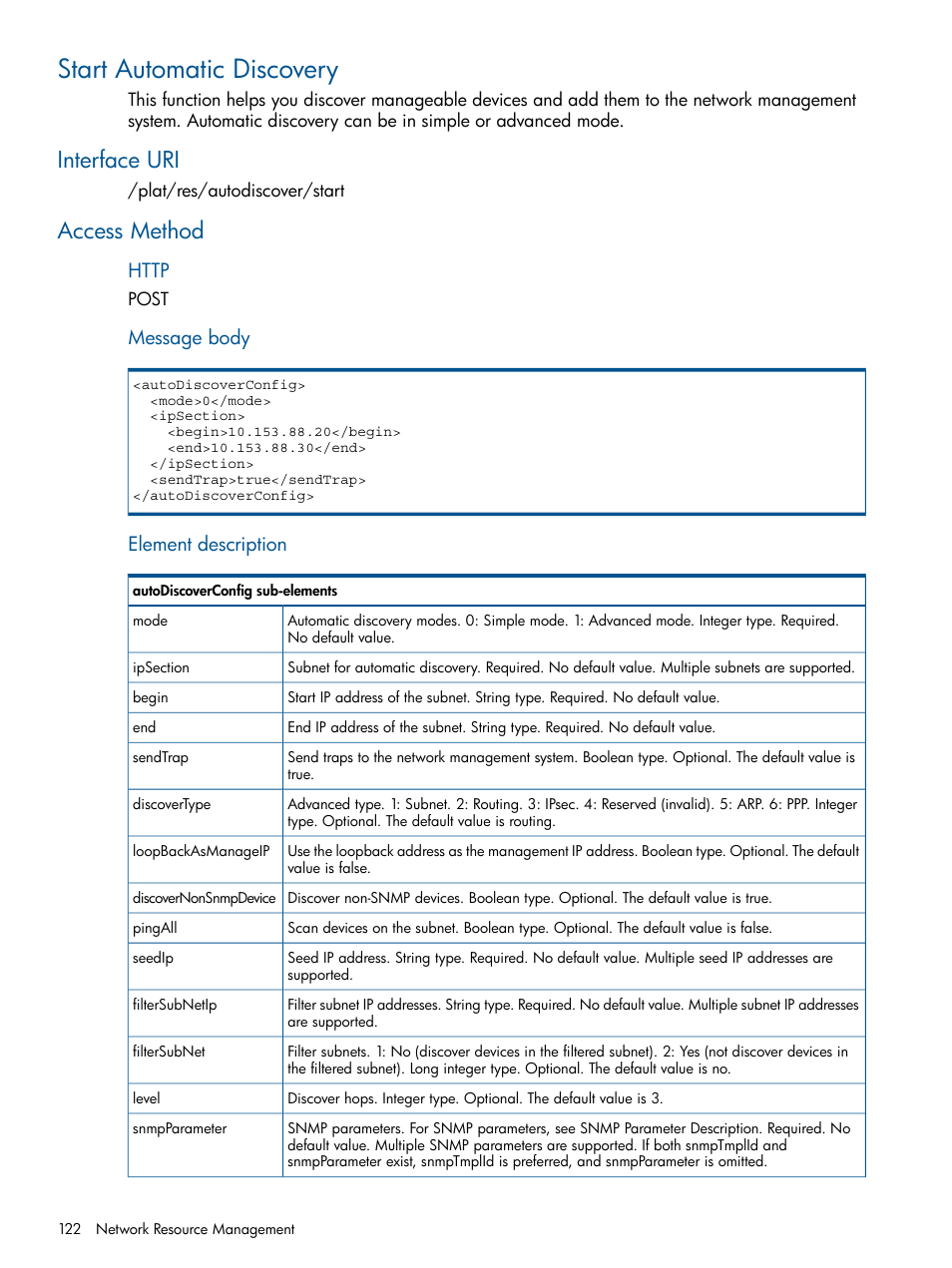 Start automatic discovery, Interface uri, Access method | Interface uri access method, Message body, Element description | HP Intelligent Management Center Licenses User Manual | Page 122 / 438