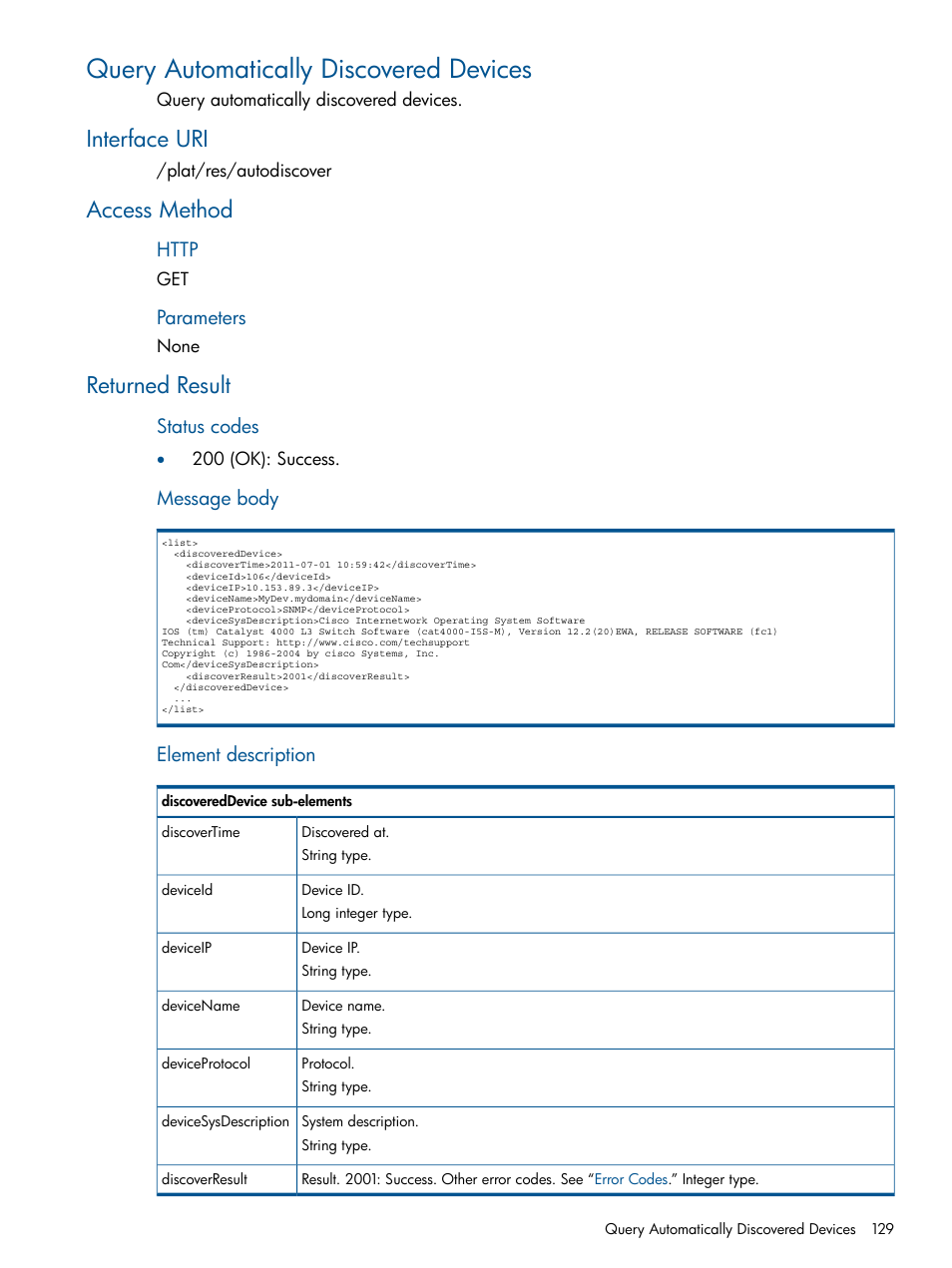 Query automatically discovered devices, Interface uri, Access method | Returned result, Interface uri access method returned result | HP Intelligent Management Center Licenses User Manual | Page 129 / 438