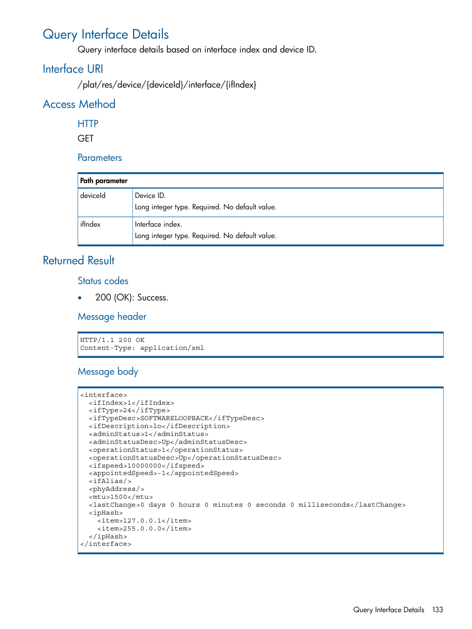 Query interface details, Interface uri, Access method | Returned result, Interface uri access method returned result | HP Intelligent Management Center Licenses User Manual | Page 133 / 438