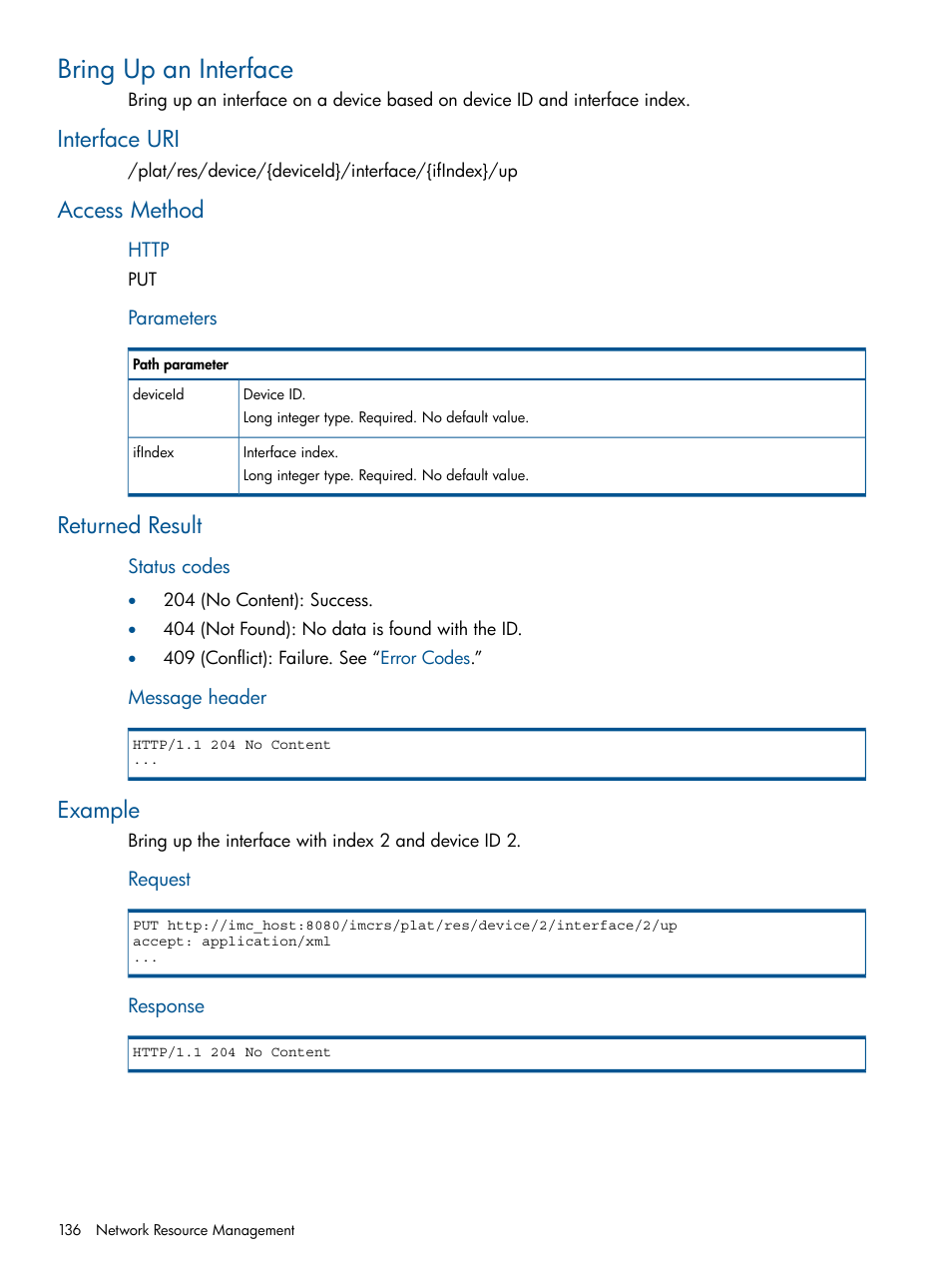 Bring up an interface, Interface uri, Access method | Returned result, Example | HP Intelligent Management Center Licenses User Manual | Page 136 / 438