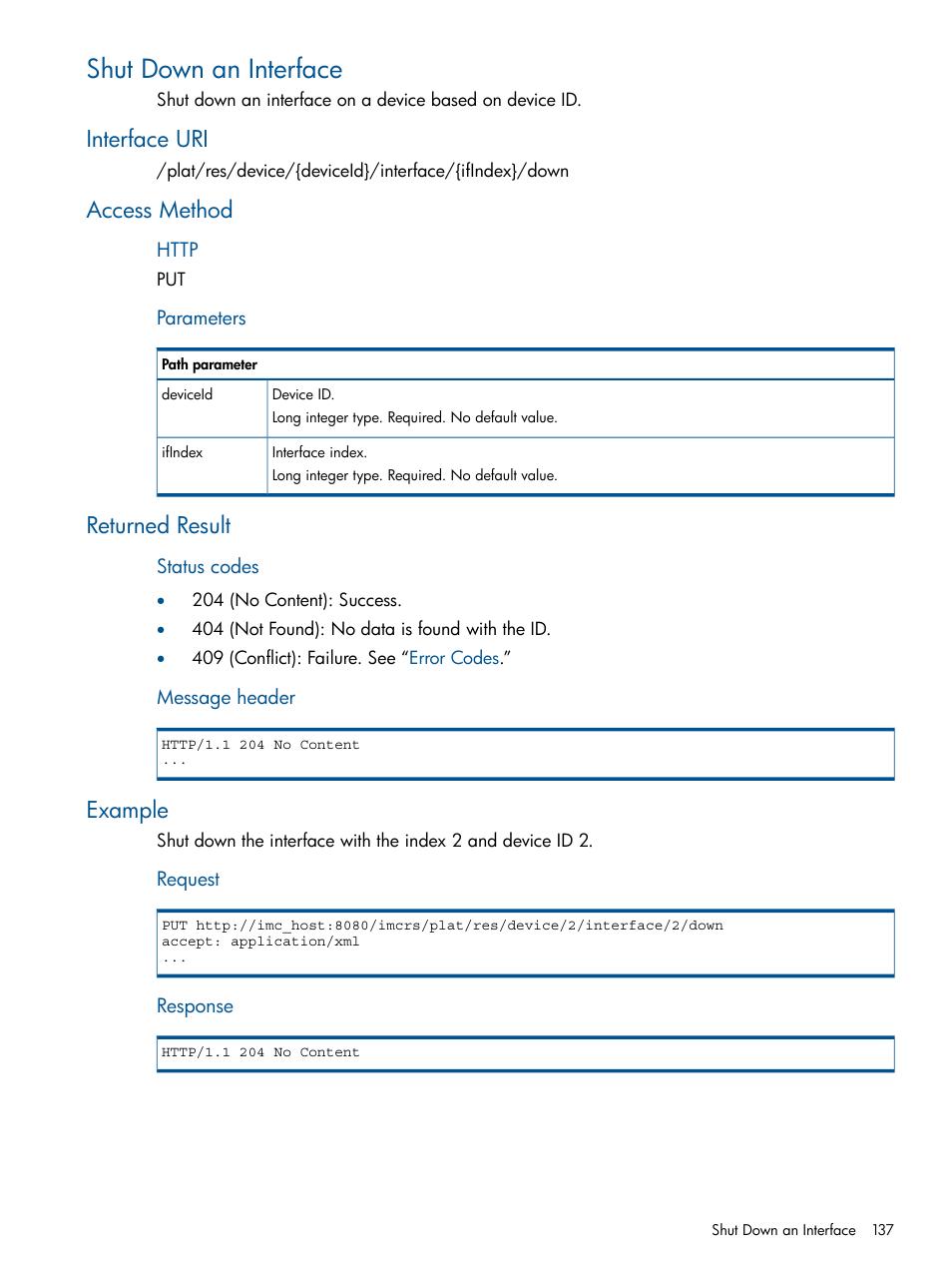 Shut down an interface, Interface uri, Access method | Returned result, Example | HP Intelligent Management Center Licenses User Manual | Page 137 / 438