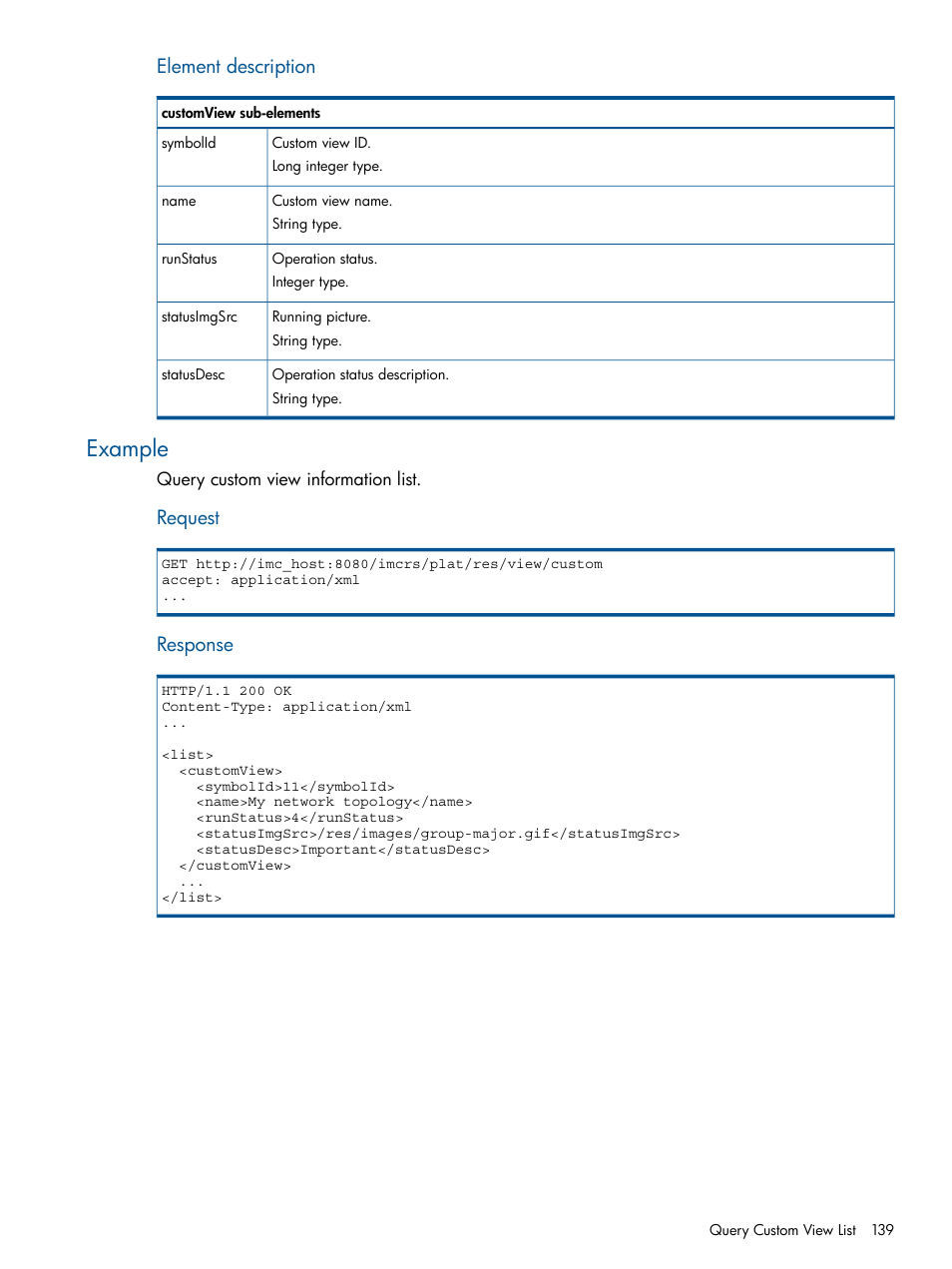 Example, Element description, Request | Response | HP Intelligent Management Center Licenses User Manual | Page 139 / 438