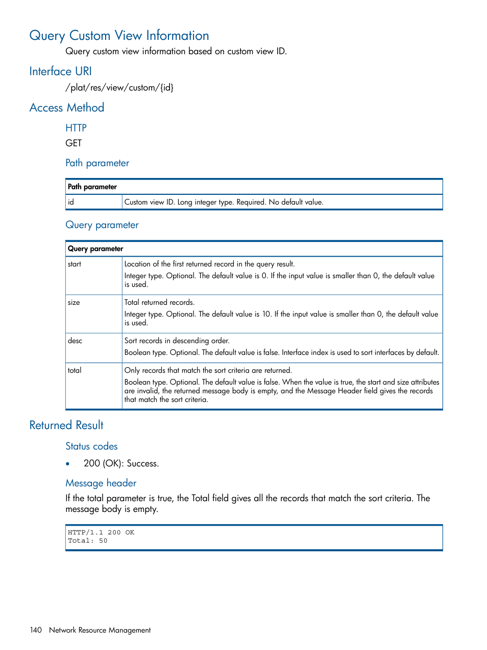 Query custom view information, Interface uri, Access method | Returned result, Interface uri access method returned result | HP Intelligent Management Center Licenses User Manual | Page 140 / 438