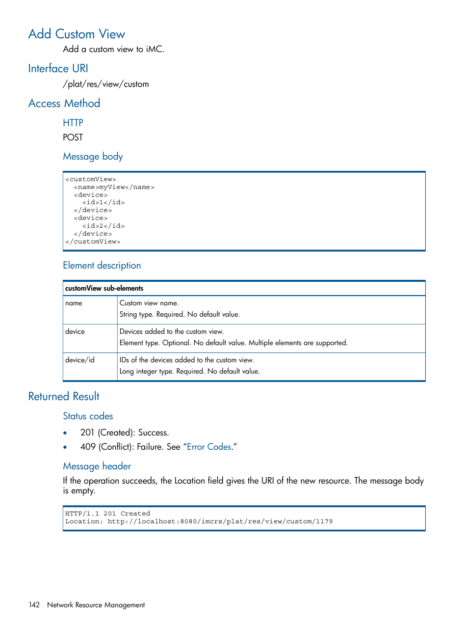 Add custom view, Interface uri, Access method | Returned result, Interface uri access method returned result | HP Intelligent Management Center Licenses User Manual | Page 142 / 438