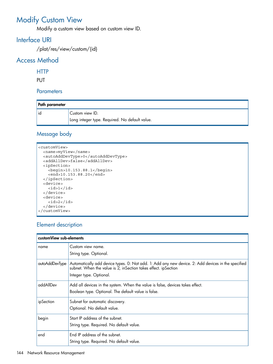 Modify custom view, Interface uri, Access method | Interface uri access method | HP Intelligent Management Center Licenses User Manual | Page 144 / 438