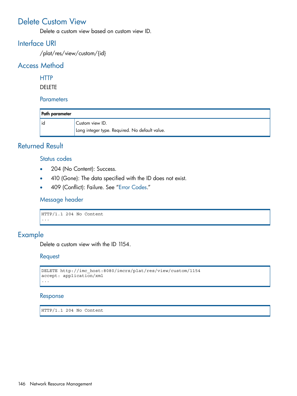 Delete custom view, Interface uri, Access method | Returned result, Example | HP Intelligent Management Center Licenses User Manual | Page 146 / 438