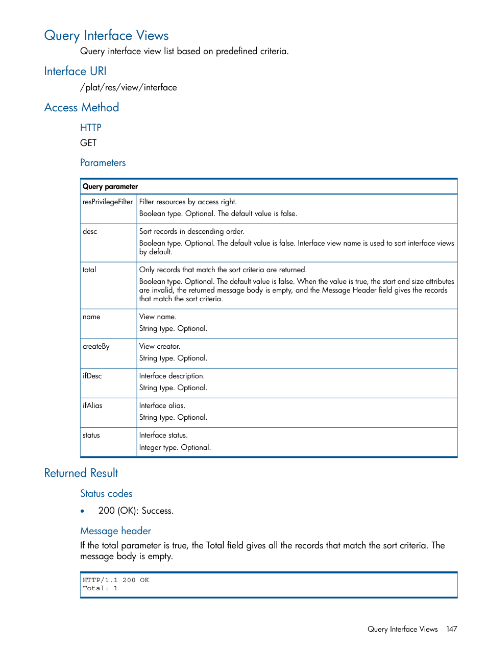 Query interface views, Interface uri, Access method | Returned result, Interface uri access method returned result | HP Intelligent Management Center Licenses User Manual | Page 147 / 438