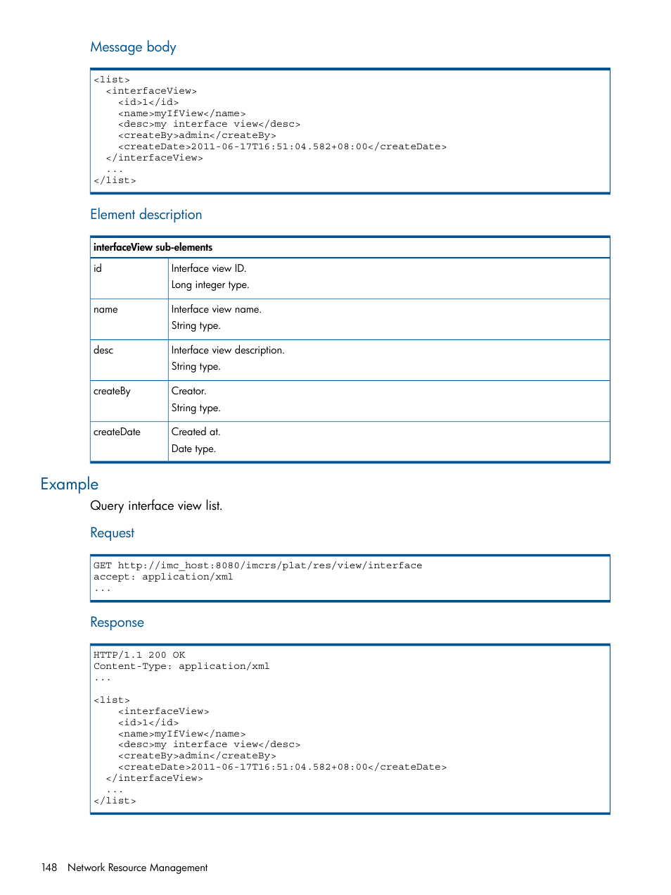 Example, Message body, Element description | Request, Response | HP Intelligent Management Center Licenses User Manual | Page 148 / 438