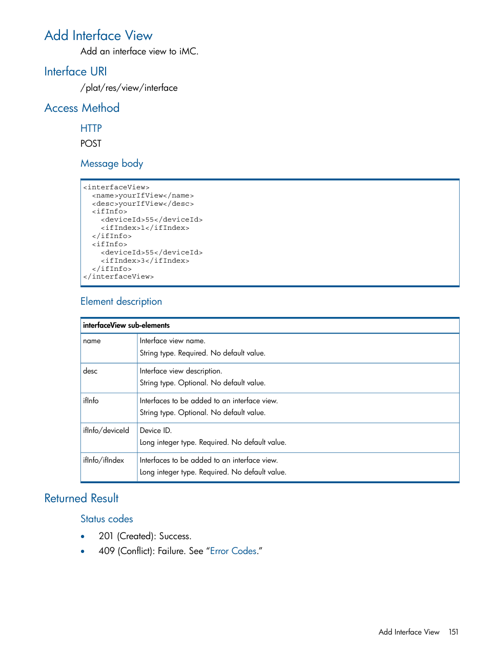 Add interface view, Interface uri, Access method | Returned result, Interface uri access method returned result | HP Intelligent Management Center Licenses User Manual | Page 151 / 438