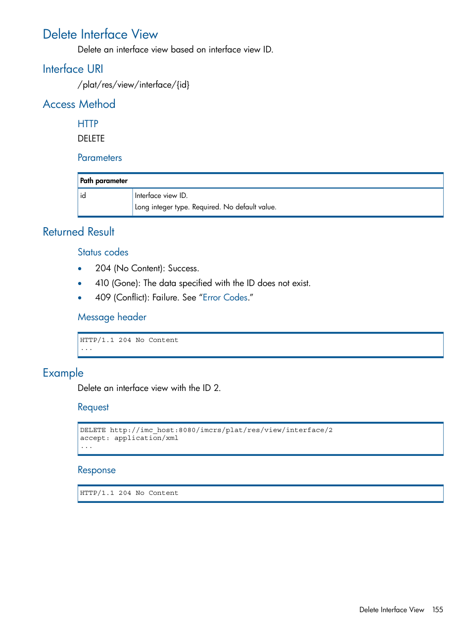 Delete interface view, Interface uri, Access method | Returned result, Example | HP Intelligent Management Center Licenses User Manual | Page 155 / 438