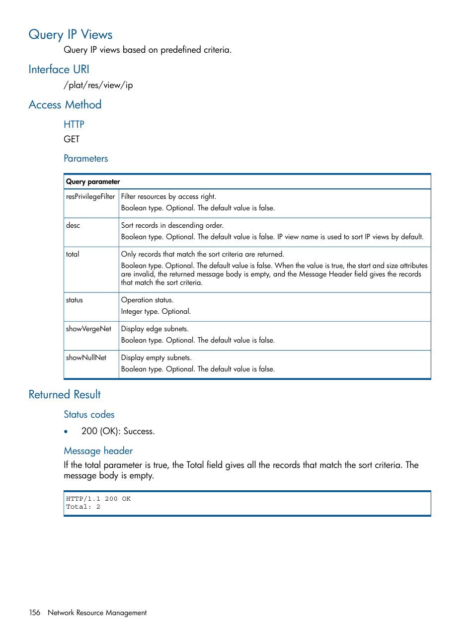 Query ip views, Interface uri, Access method | Returned result, Interface uri access method returned result | HP Intelligent Management Center Licenses User Manual | Page 156 / 438