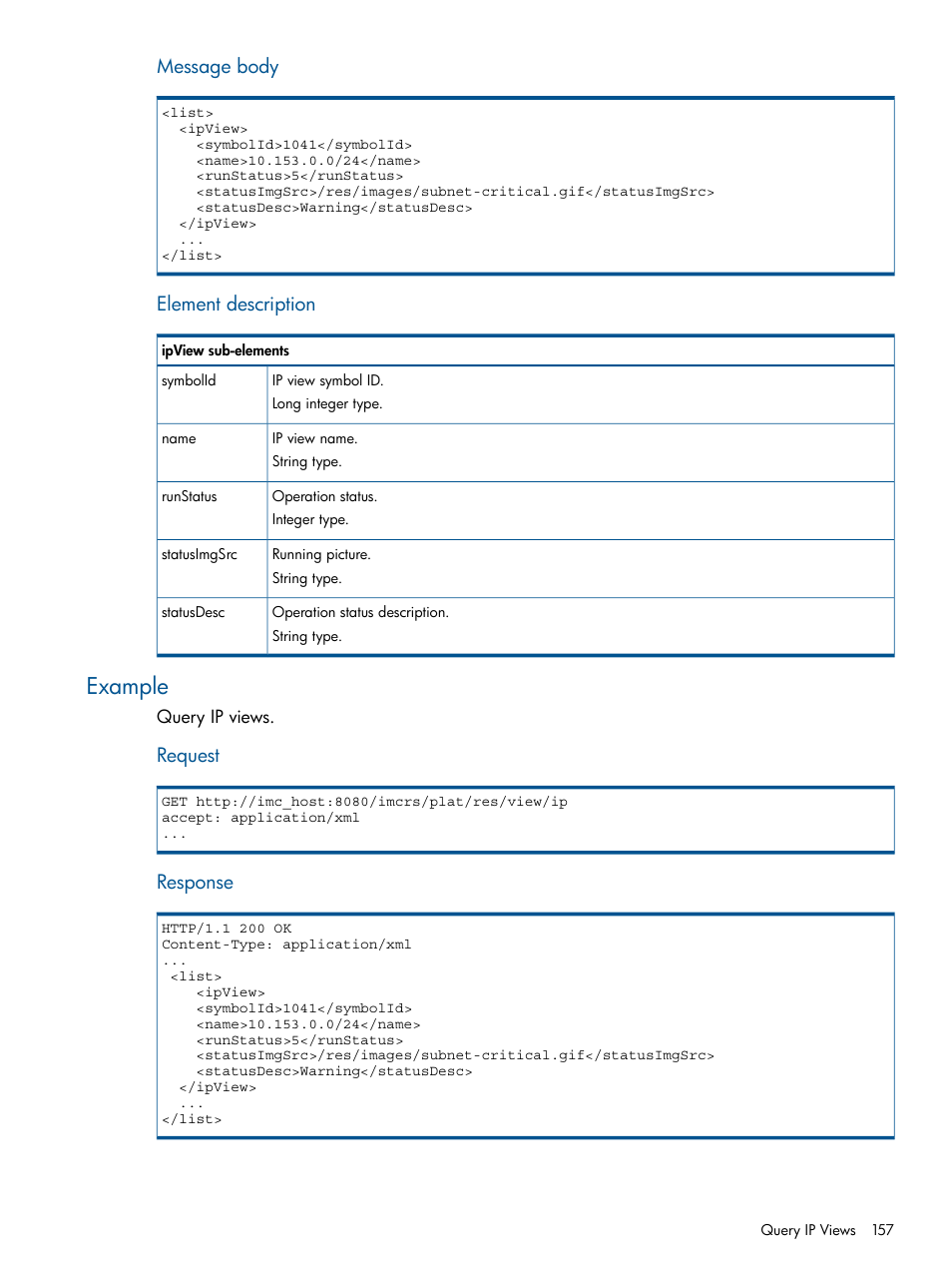 Example, Message body, Element description | Request, Response | HP Intelligent Management Center Licenses User Manual | Page 157 / 438