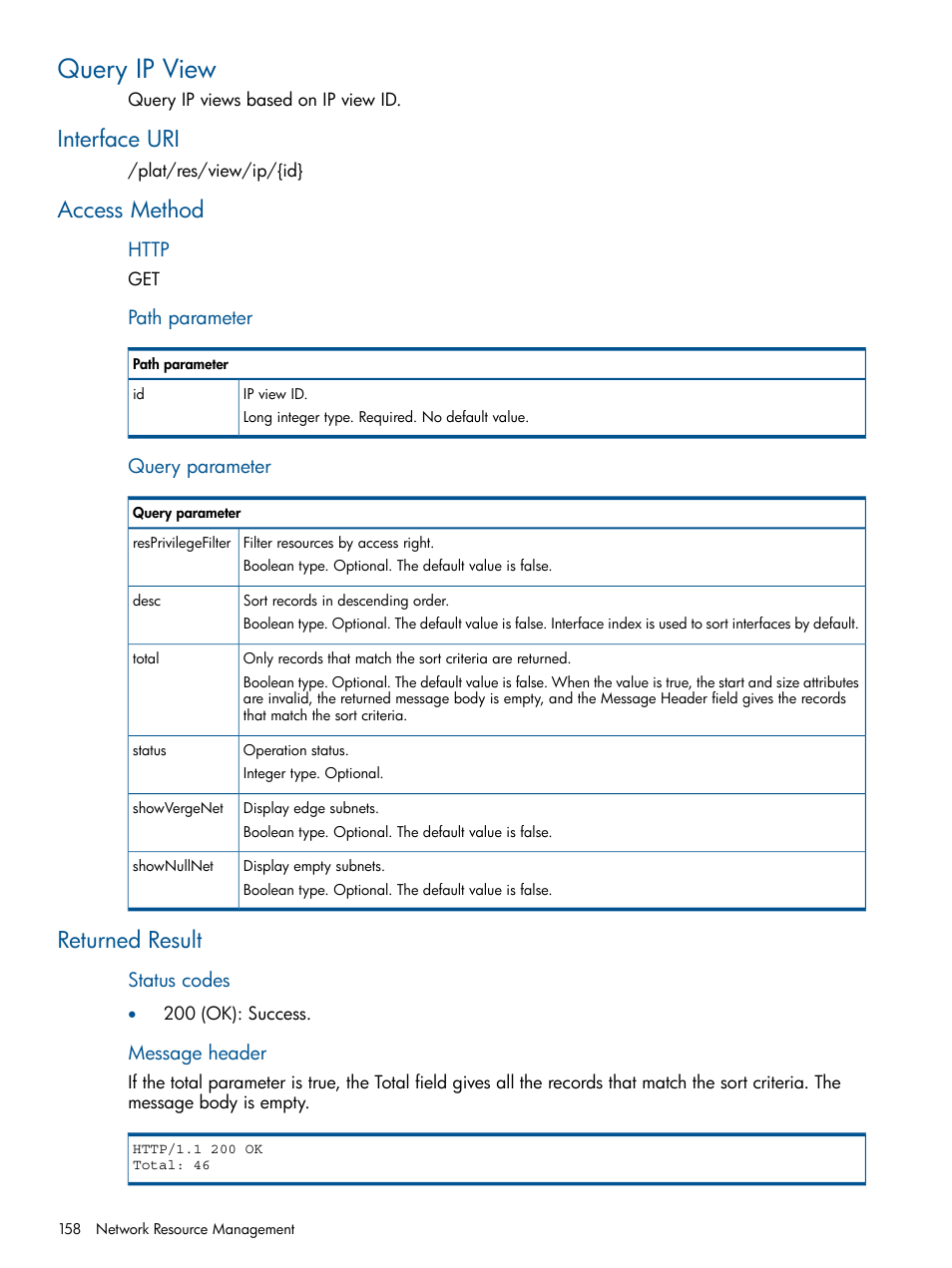 Query ip view, Interface uri, Access method | Returned result, Interface uri access method returned result | HP Intelligent Management Center Licenses User Manual | Page 158 / 438