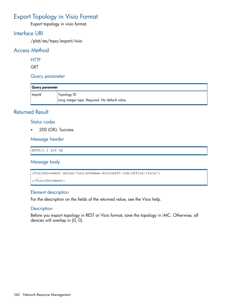 Export topology in visio format, Interface uri, Access method | Returned result, Interface uri access method returned result | HP Intelligent Management Center Licenses User Manual | Page 160 / 438