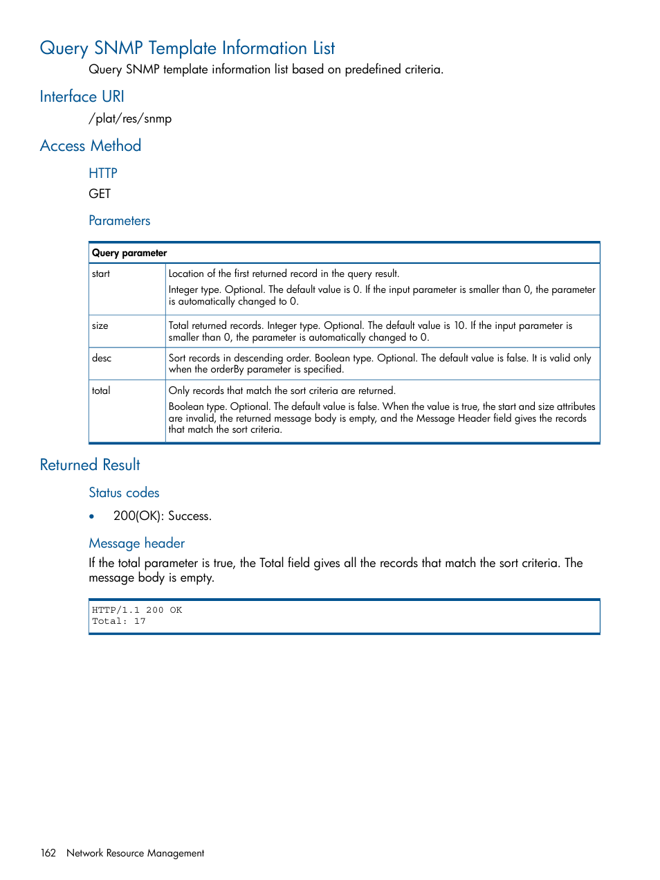 Query snmp template information list, Interface uri, Access method | Returned result, Interface uri access method returned result | HP Intelligent Management Center Licenses User Manual | Page 162 / 438