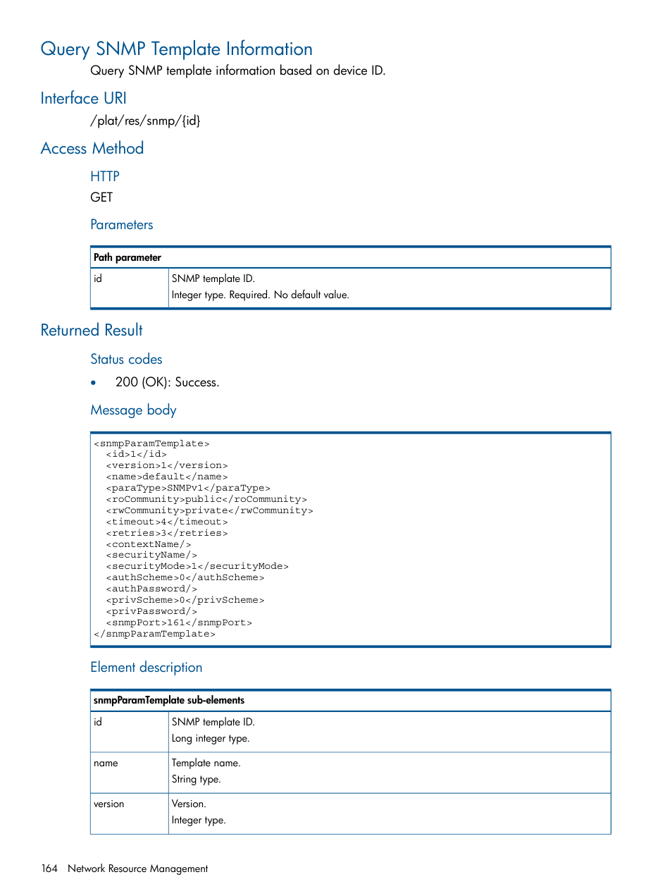 Query snmp template information, Interface uri, Access method | Returned result, Interface uri access method returned result | HP Intelligent Management Center Licenses User Manual | Page 164 / 438