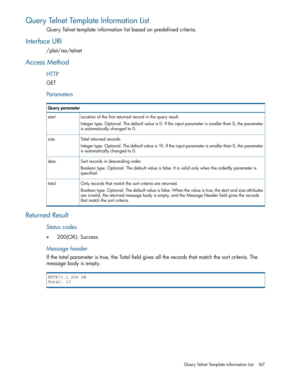 Query telnet template information list, Interface uri, Access method | Returned result, Interface uri access method returned result | HP Intelligent Management Center Licenses User Manual | Page 167 / 438