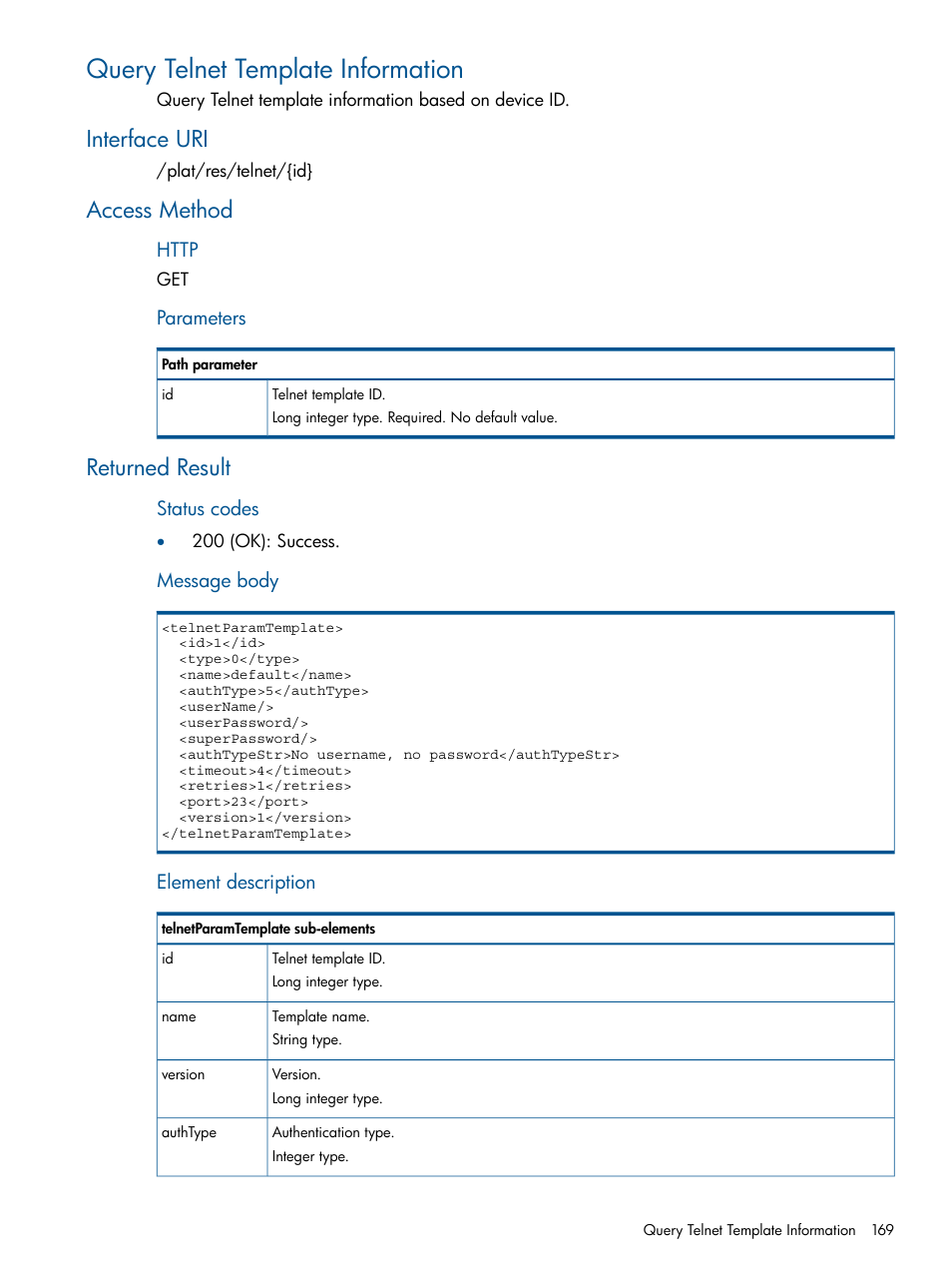Query telnet template information, Interface uri, Access method | Returned result, Interface uri access method returned result | HP Intelligent Management Center Licenses User Manual | Page 169 / 438