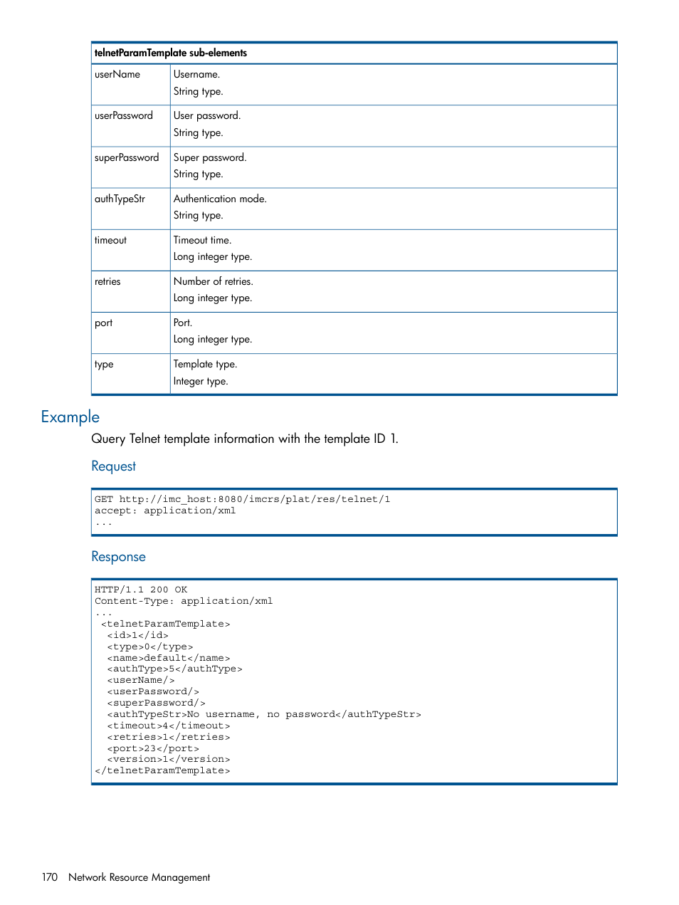 Example, Request, Response | HP Intelligent Management Center Licenses User Manual | Page 170 / 438