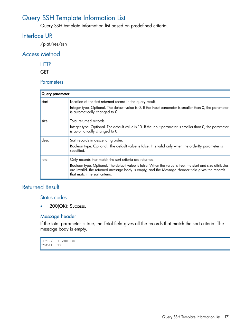 Query ssh template information list, Interface uri, Access method | Returned result, Interface uri access method returned result | HP Intelligent Management Center Licenses User Manual | Page 171 / 438