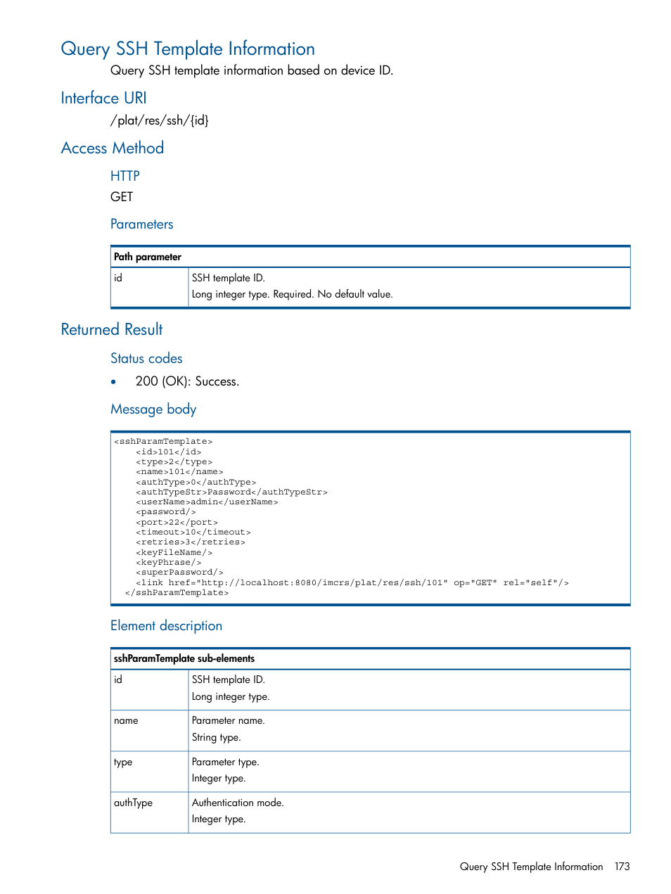 Query ssh template information, Interface uri, Access method | Returned result, Interface uri access method returned result | HP Intelligent Management Center Licenses User Manual | Page 173 / 438