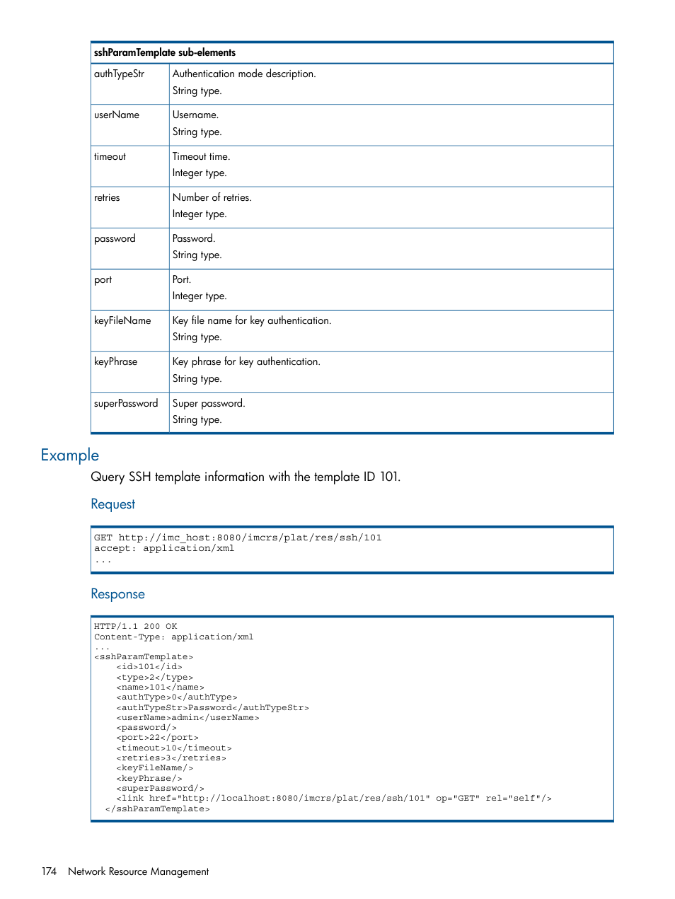 Example, Request, Response | HP Intelligent Management Center Licenses User Manual | Page 174 / 438