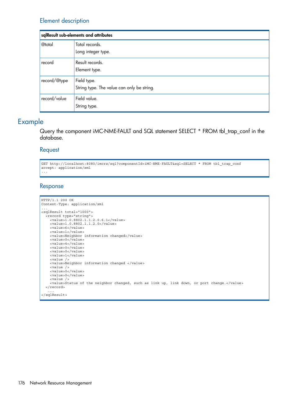 Example, Element description, Request | Response | HP Intelligent Management Center Licenses User Manual | Page 176 / 438